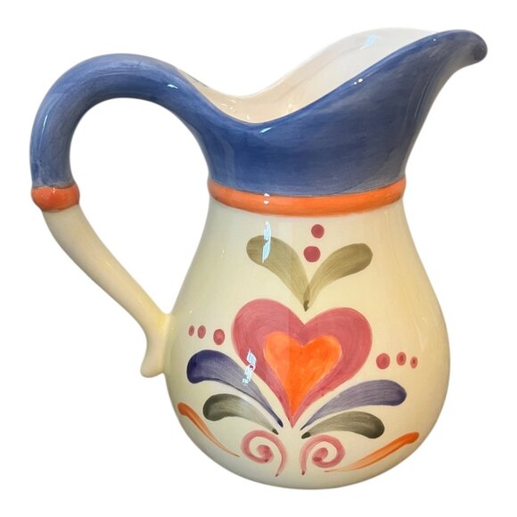 Jim Shore Heartwood Creek 2002 Hand-Painted Ceramic Pitcher Floral & Heart, 7" T - Picture 3 of 7